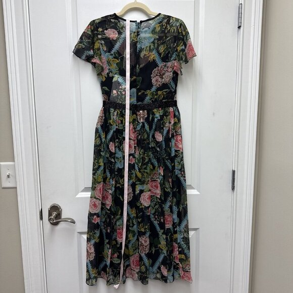 Mac Duggal Size 6 Black Floral 9149 Illusion Cap Sleeve Midi Cocktail Dress New - Picture 7 of 11